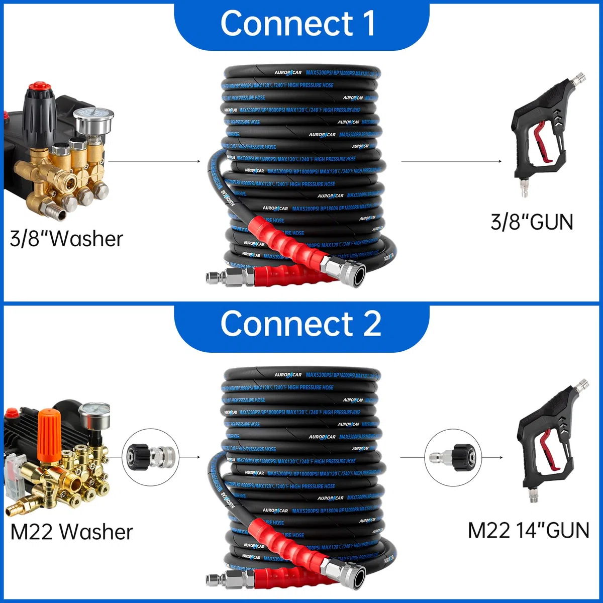 Manguera de lavado a presión de 3/8 pulgadas de 100 pies, resistente a torceduras, manguera de lavado de alta resistencia trenzada de alambre para agua caliente y fría con 2 piezas M22-14 mm, kit de