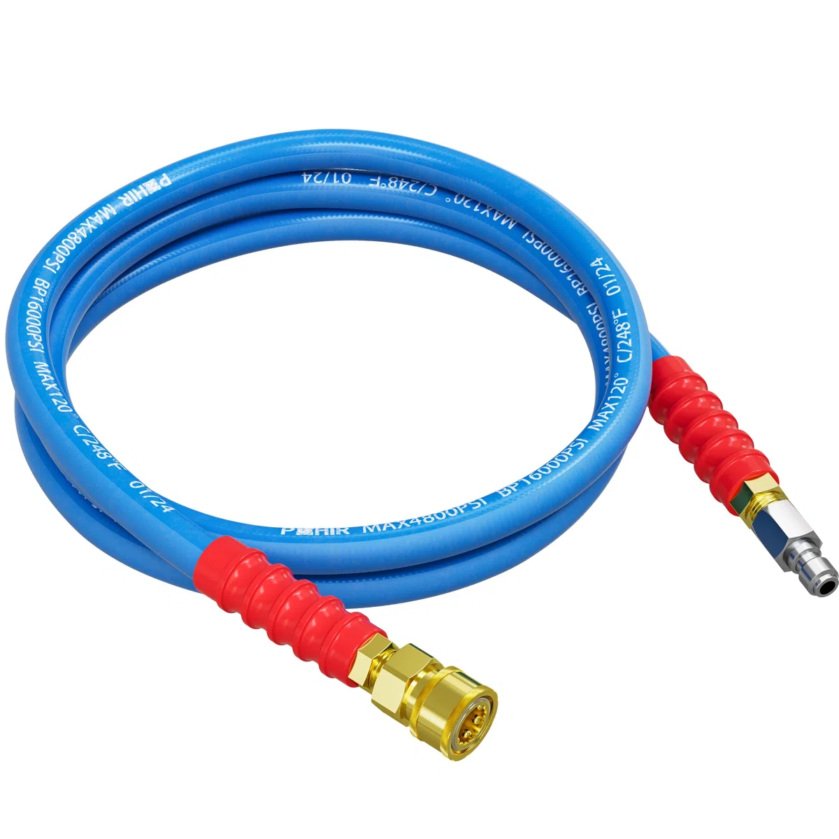 POHIR Manguera de lavado a presión de 10 pies de 3/8 pulgadas 4800 PSI, manguera sin marcas sin torceduras con extremos de conexión rápida y adaptadores para agua fría y caliente hasta 120.0 °C, | Manguera sin marcas sin torceduras con extremos de conexió
