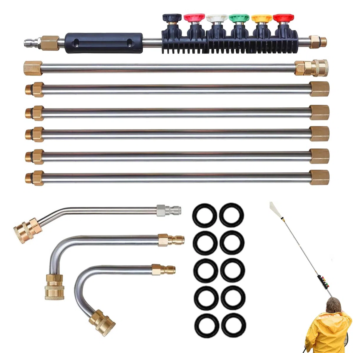 Varilla telescópica para hidrolimpiadora, varilla de extensión para canalones | Juego de varilla de extensión para arandela - Barra de limpieza de canalones 4000PSI conector de 1/4 de pulgada
