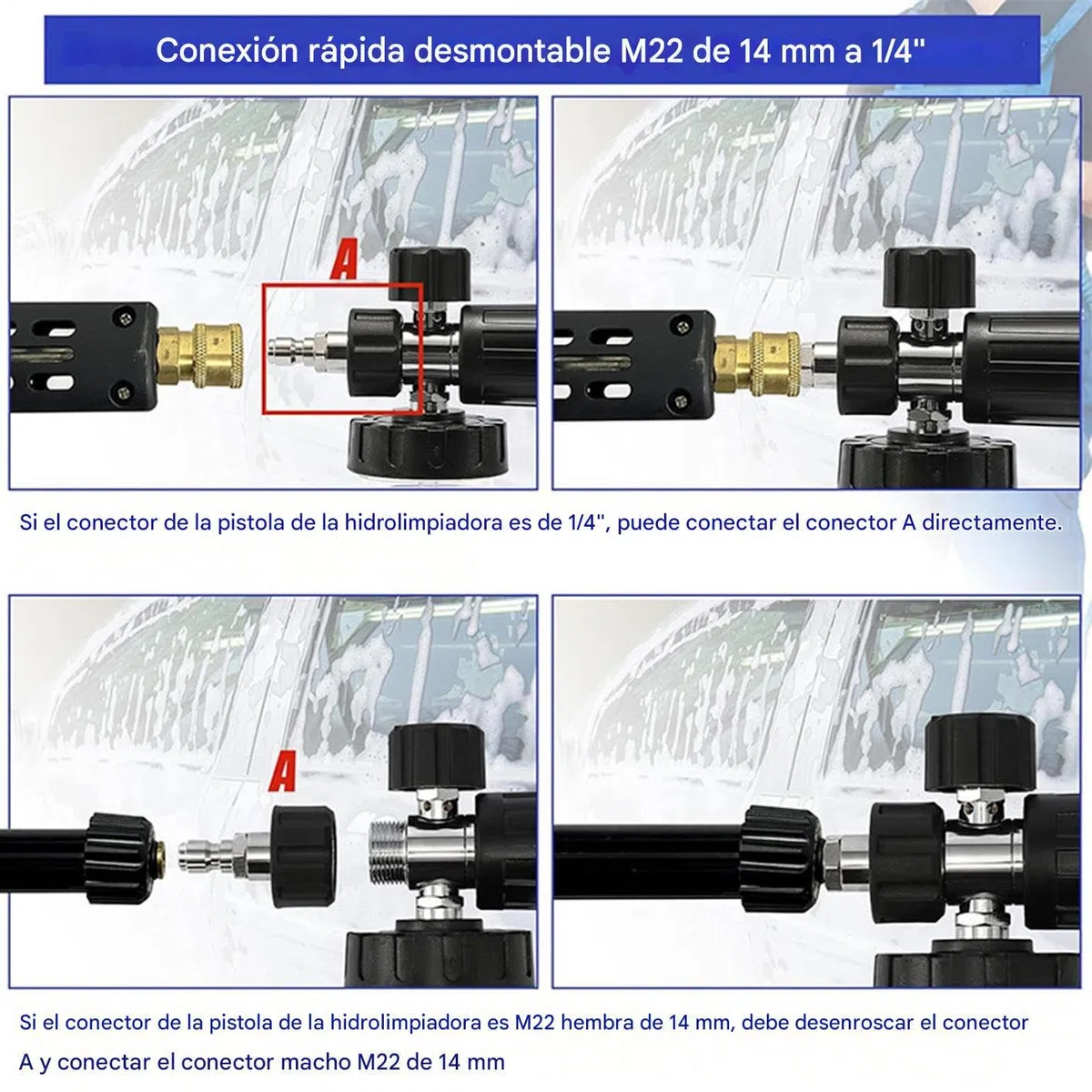 Lanza de Espuma Doble Conector | Espumador para Manguera de Agua - Accesorios De Limpieza Con 5 Boquillas, Botella De Jabón 1000ml Para Terrazas Y Caminos
