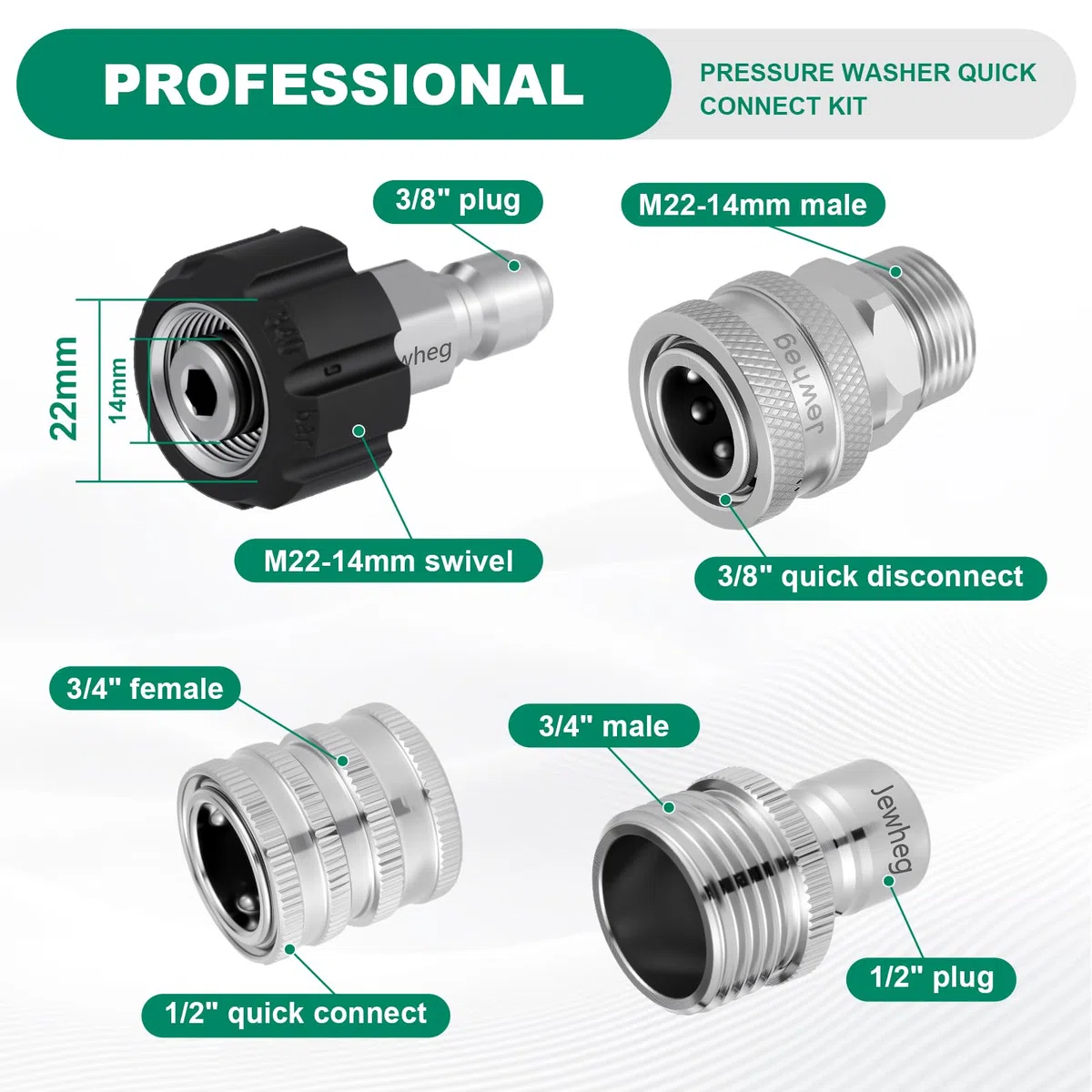 Jewheg Versión actualizada 2025, kit de conexión rápida para lavadora a presión, juego de adaptadores de lavadora a presión de acero inoxidable, giratorio M22 de 14 mm a 3/8 pulgadas, accesorios de