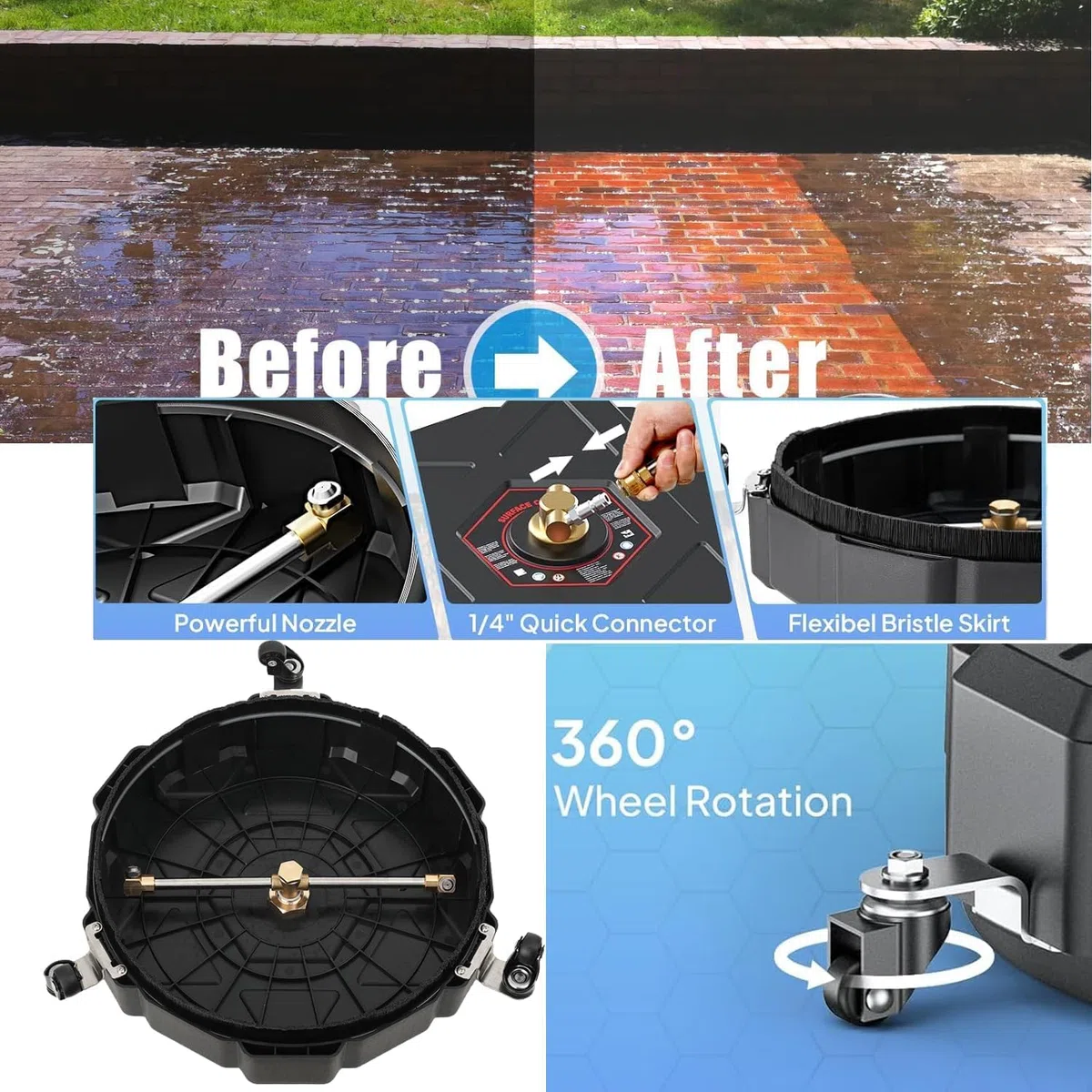 Limpiador de Superficies, 330mm Accesorio para Limpiador de Superficies para Lavadora de Alta Presión Universal, Limpiador de Pisos con 3 Ruedas y 2 Varillas de Extensión, 2500PSI