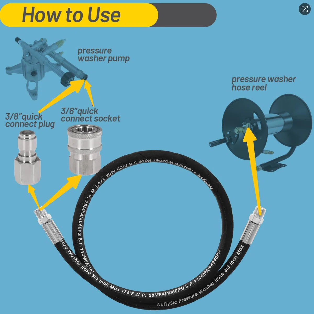 Manguera de lavado a presión, manguera de puente para lavado a presión, NPT de 3/8 pulgadas, conector de carrete de manguera de conexión rápida, 4000 PSI, 8 pies