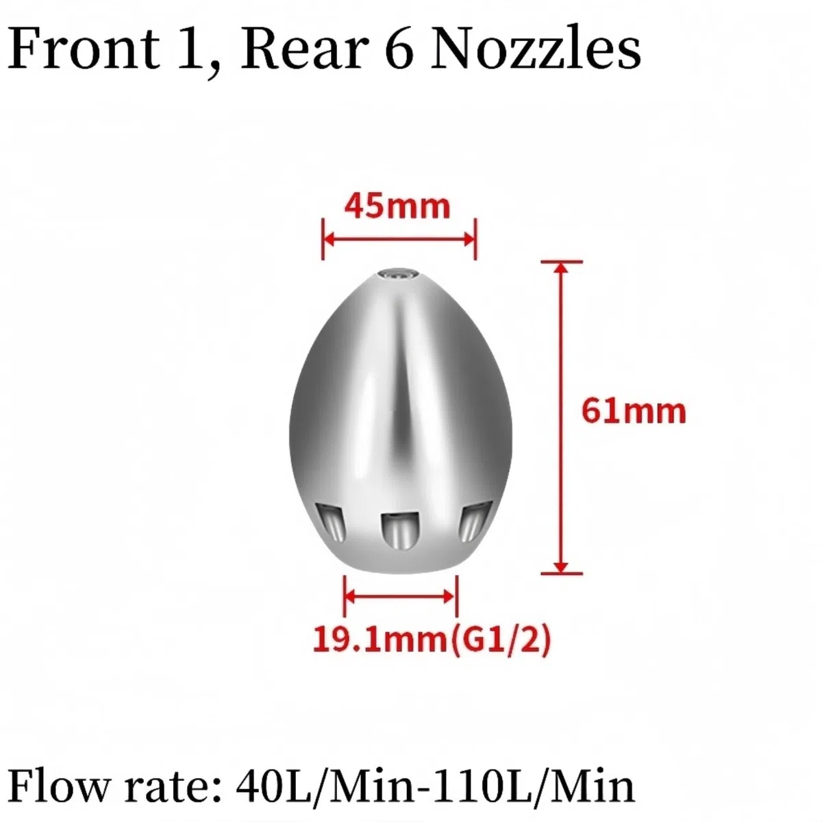 Boquilla de limpieza alcantarilla inox, rosca G1/2, 40-110L | Boquilla para desatasco de tuberías, 1 chorro frontal y 6 chorros traseros(110L)