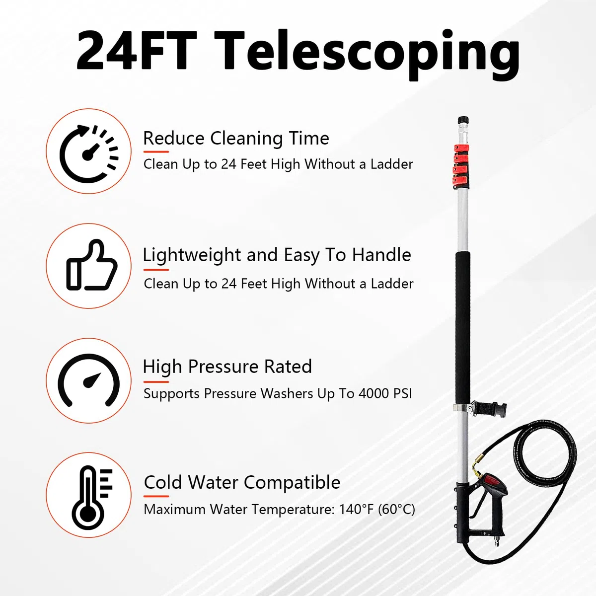 Varita de extensión telescópica para lavadora a presión de 24 pies, kit de varita de pulverización telescópica para limpiador de canalones con 3 accesorios de poste de extensión de arandela, 7