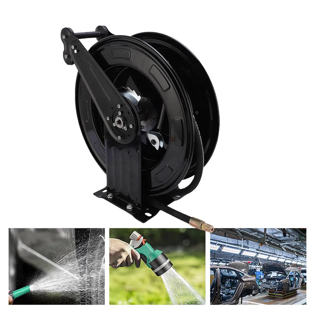 Carrete de Manguera para Lavadora a Presión, 2 Brazos, 3/8 Pulgadas X 49,21 Pies, Retráctil, Rebobinado Automático, Carrete de Manguera de Lavado a Presión de Acero Resistente