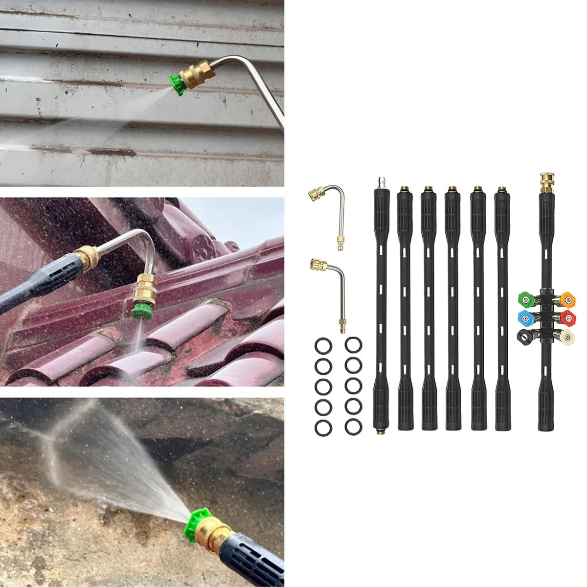 Varita de extensión para Lavadora a presión, Juego de 9 Piezas, Incluye Varilla Curva y 6 Puntas de Boquilla de conexión rápida, Adecuada para Limpieza de canalones, Varilla de Limpieza de