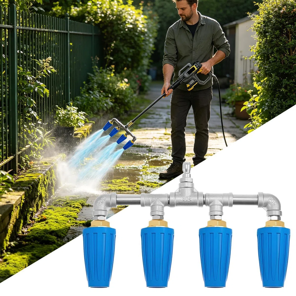 Boquilla Giratoria para Hidrolimpiadora Cuádruple de Acero Inoxidable | Manguera Alta Presión Boquilla Para LavadoCoches, Riego, Jardinería, Limpieza Patios,