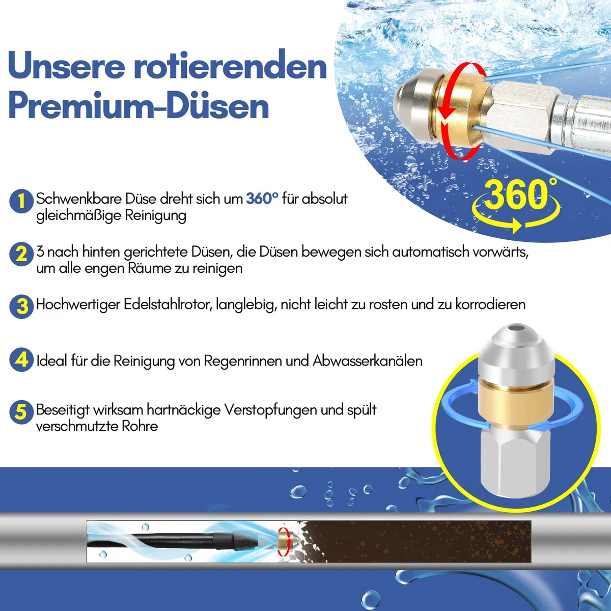 Daromigo Manguera de limpieza de tuberías Premium 20M, 3 adaptadores 2 boquillas, con K2, K3, K4, K5, K6, K7, LAVOR, Bosch, limpiador de tuberías de alta presión para la limpieza de tuberías de