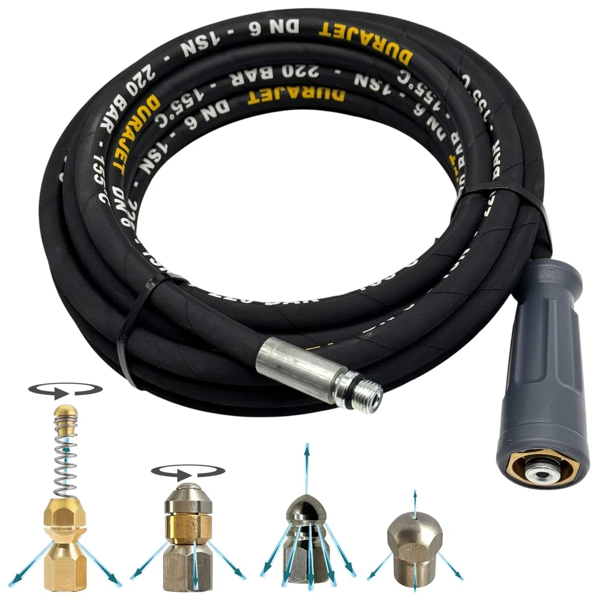 M&M Smartek manguera desatascadora 10 m 4 boquillas, para Kärcher, 220 bar | Kit desatascador con manguera, adaptadores y boquillas según variante; comprobar conexiones, presión, contenido y equipo.