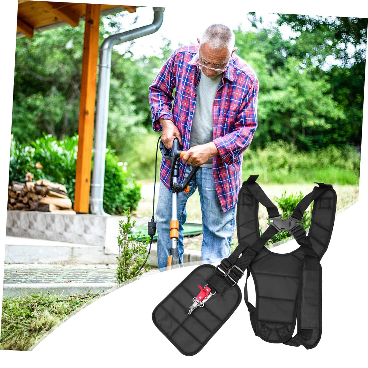 Correa para Desbrozadora de Hombro Doble Negra de Nylon Ajustable | Gancho de Transporte y Pinzas Incluidos, Banda de Cintura Regulable, para Brush Cutter y Grass Trimmer
