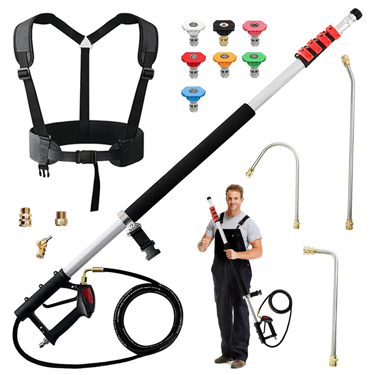 Varita de extensión telescópica para lavadora a presión de 24 pies, kit de varita de pulverización telescópica para limpiador de canalones con 3 accesorios de poste de extensión de arandela, 7