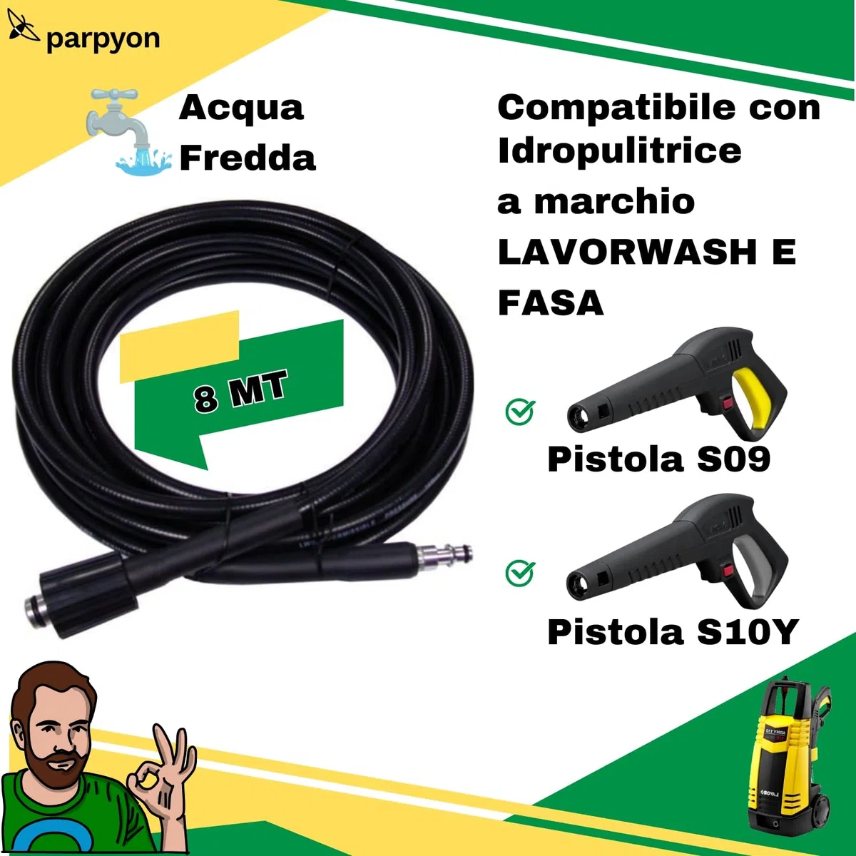 Parpyon Lavor - Manguera de repuesto para lavadora de agua fría Lavorwash y fasa con conexión rápida, 8 metros (8 metros)
