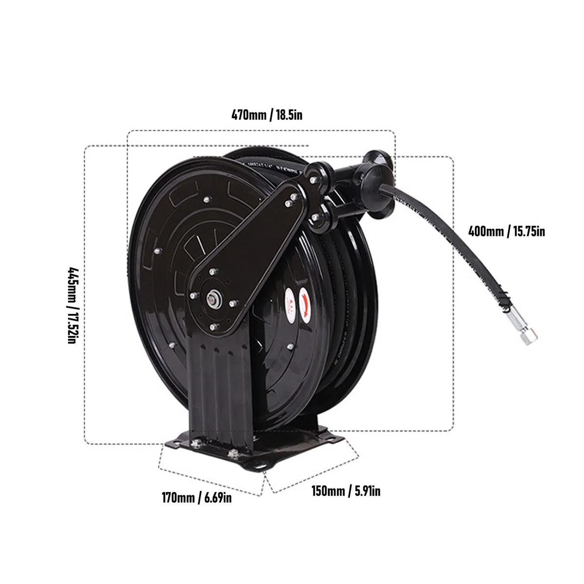 Carrete de manguera para hidrolimpiadora PolyGen de doble brazo — 4000 PSI, capacidad de 49.21 pies — Carrete con rebobinado automático y conexiones de latón, ideal para talleres