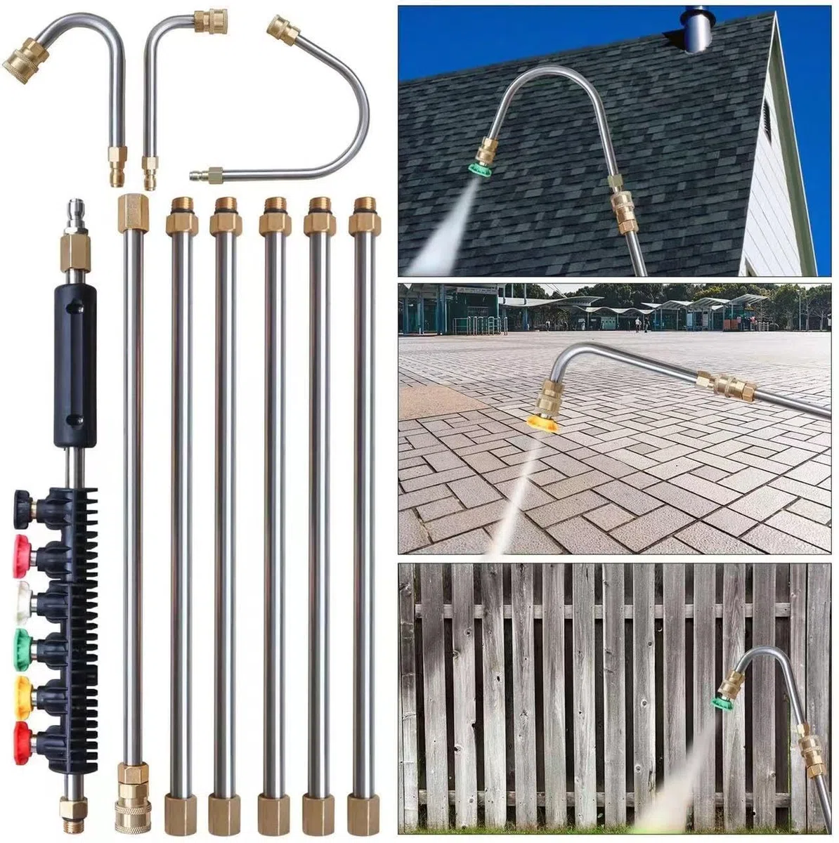 Lanza Accesorio Hidrolimpiadora, Juego: 5 Varillas Rectas, 3 Curvas, con 6 Boquillas, para Hidrolimpieza de Coche, Fachada o Materiales