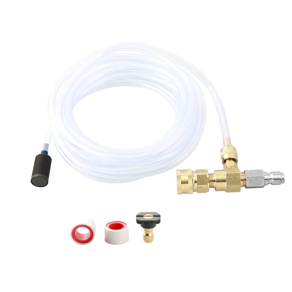 Sooprinse Kit de inyector químico para lavadora de alta presión, dispensador de jabón ajustable de 4000 PSI con boquilla de jabón negro de 1/4 pulgada y cinta de teflón, manguera de sifón de 3/8
