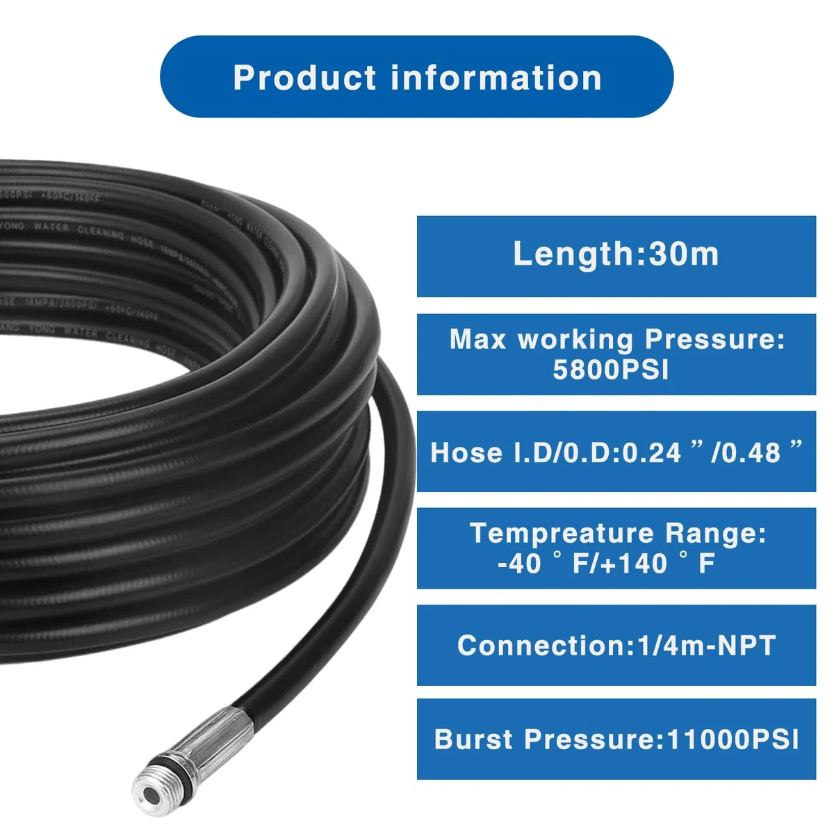 Juego de manguera de limpieza de tuberías (30 m, 400 bar, 140 °C, con adaptador y boquillas, juego universal de limpieza de tuberías, compatible con Karcher k2-k7, limpiador de alta presión Bosch