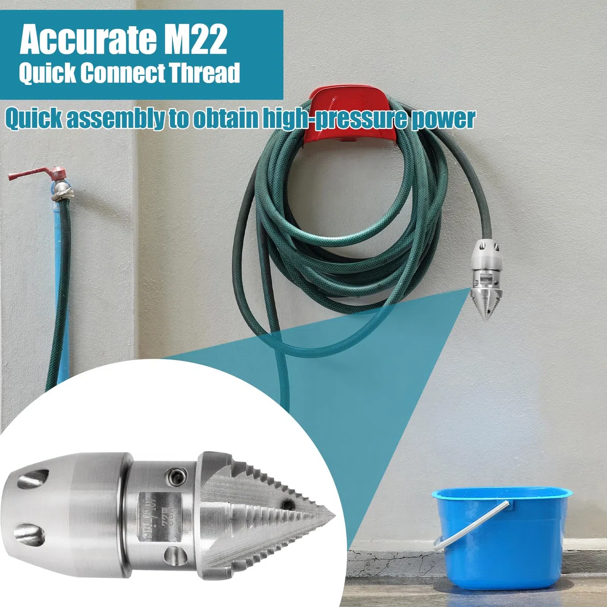 Boquilla giratoria M22 de acero inoxidable, boquilla de limpieza de tuberías de drenaje para limpieza de lavadora a presión de 40 l/min (cabeza plateada)
