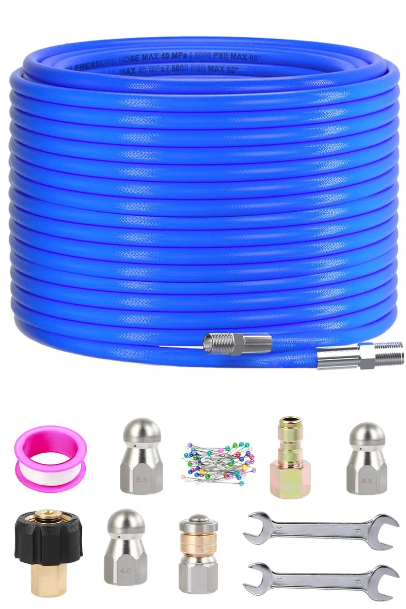 Kit de chorro de alcantarillado de 100 pies para lavadora a presión, manguera de lavado a presión de 5800 PSI, orificio 4.0, 4.5, 5.5 botones, chorro de drenaje de lavadora, boquilla giratoria, kit de