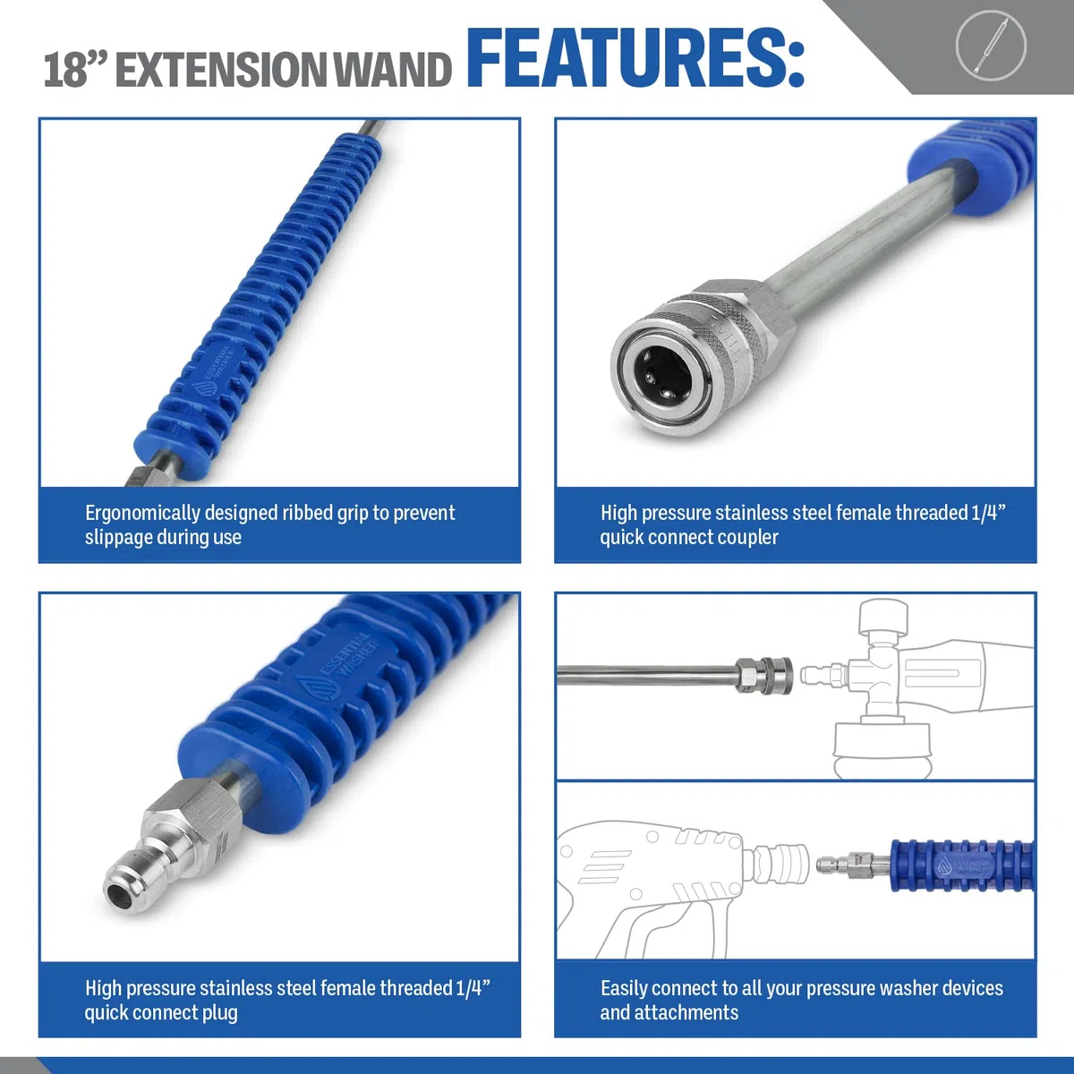 Essential Washer Varita de extensión para Lavadora a presión de 18 Pulgadas, Varita de Acero Inoxidable con Agarre Moldeado, Repuesto de Varita de Lavadora a presión Corta, Enchufe y acoplador de