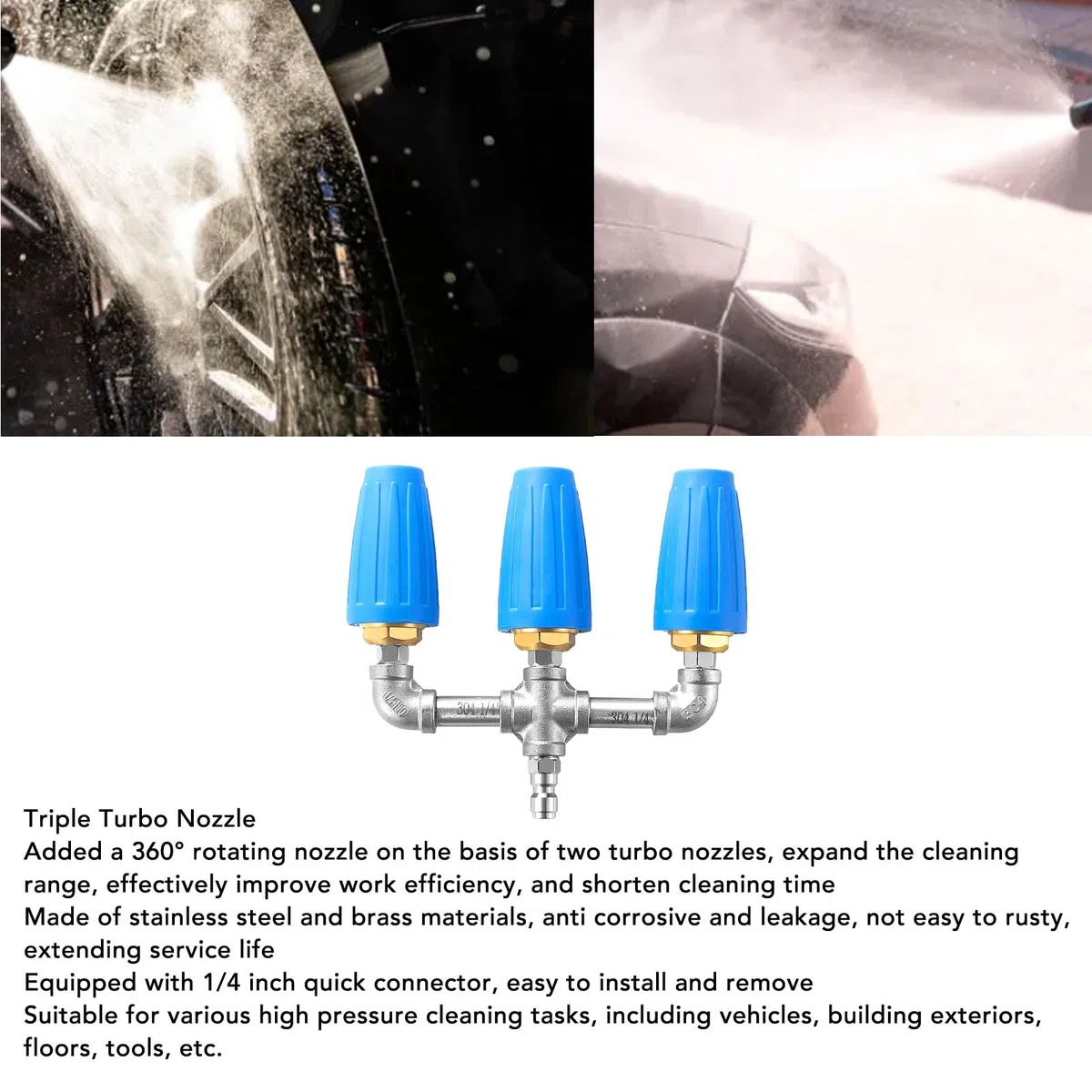 Garosa Boquilla 3 en 1, Acero Inoxidable, Boquilla Giratoria de 360 ​​Grados, Máximo 4000 PSI para Lavadora a Presión, Limpieza Versátil para Vehículos y Edificios