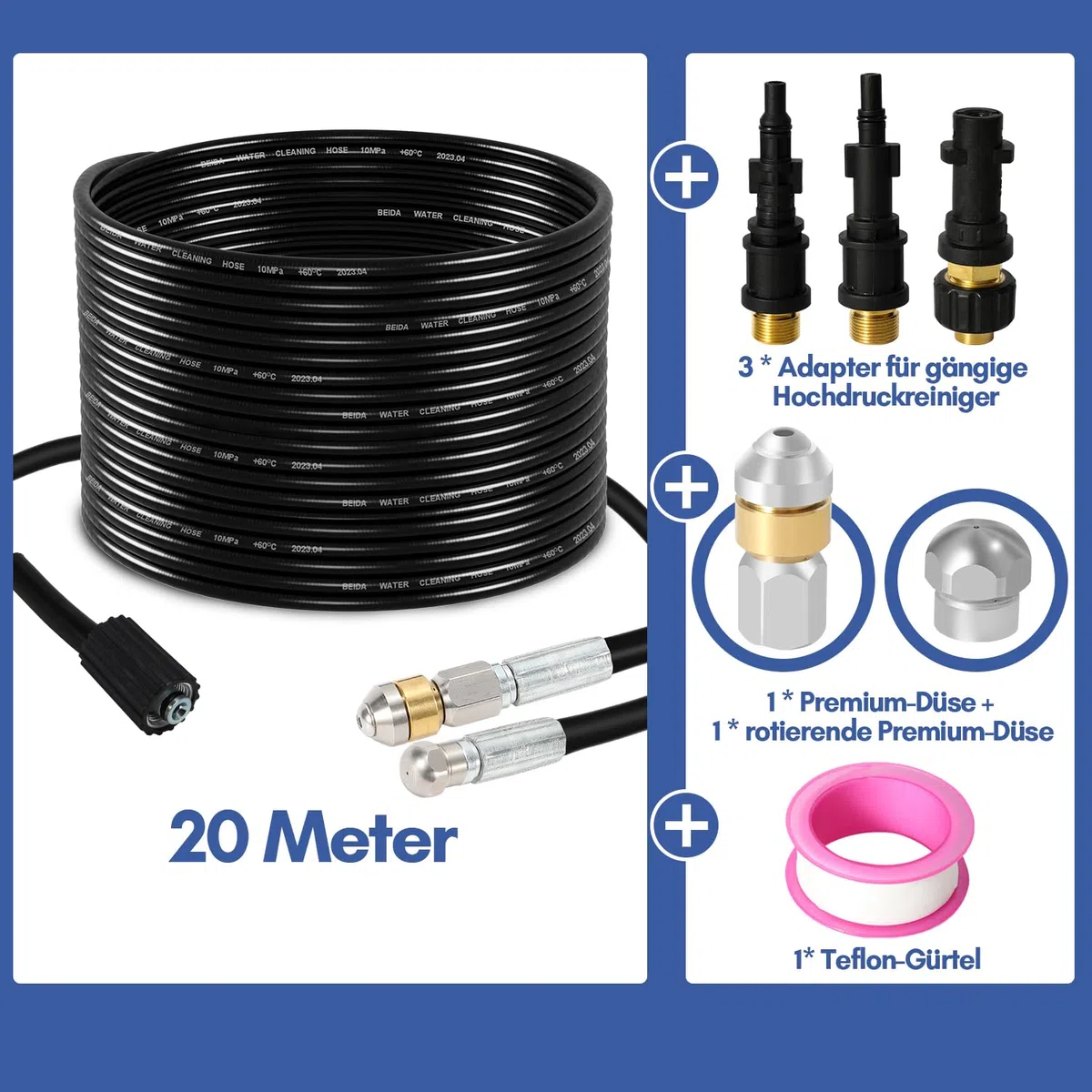 Daromigo Manguera de limpieza de tuberías Premium 20M, 3 adaptadores 2 boquillas, con K2, K3, K4, K5, K6, K7, LAVOR, Bosch, limpiador de tuberías de alta presión para la limpieza de tuberías de