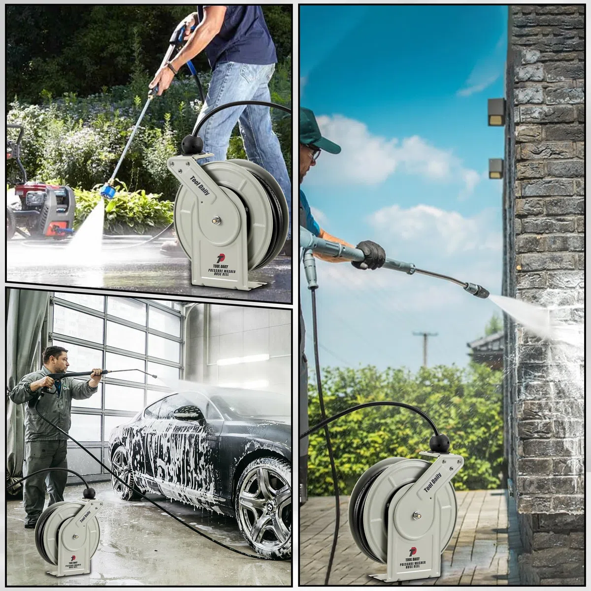 Tool Daily Carrete de manguera retráctil para lavadora a presión, carrete de manguera de lavadora eléctrica de 60 pies x 1/4 pulgadas, carrete de manguera de alta presión resistente de 3600 PSI,