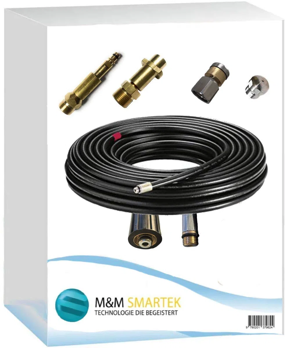 M&M Smartek manguera tuberías 50 m M22, boquilla rígida + giratoria | Kit desatascador con manguera, adaptadores y boquillas según variante; comprobar conexiones, presión, contenido y equipo.