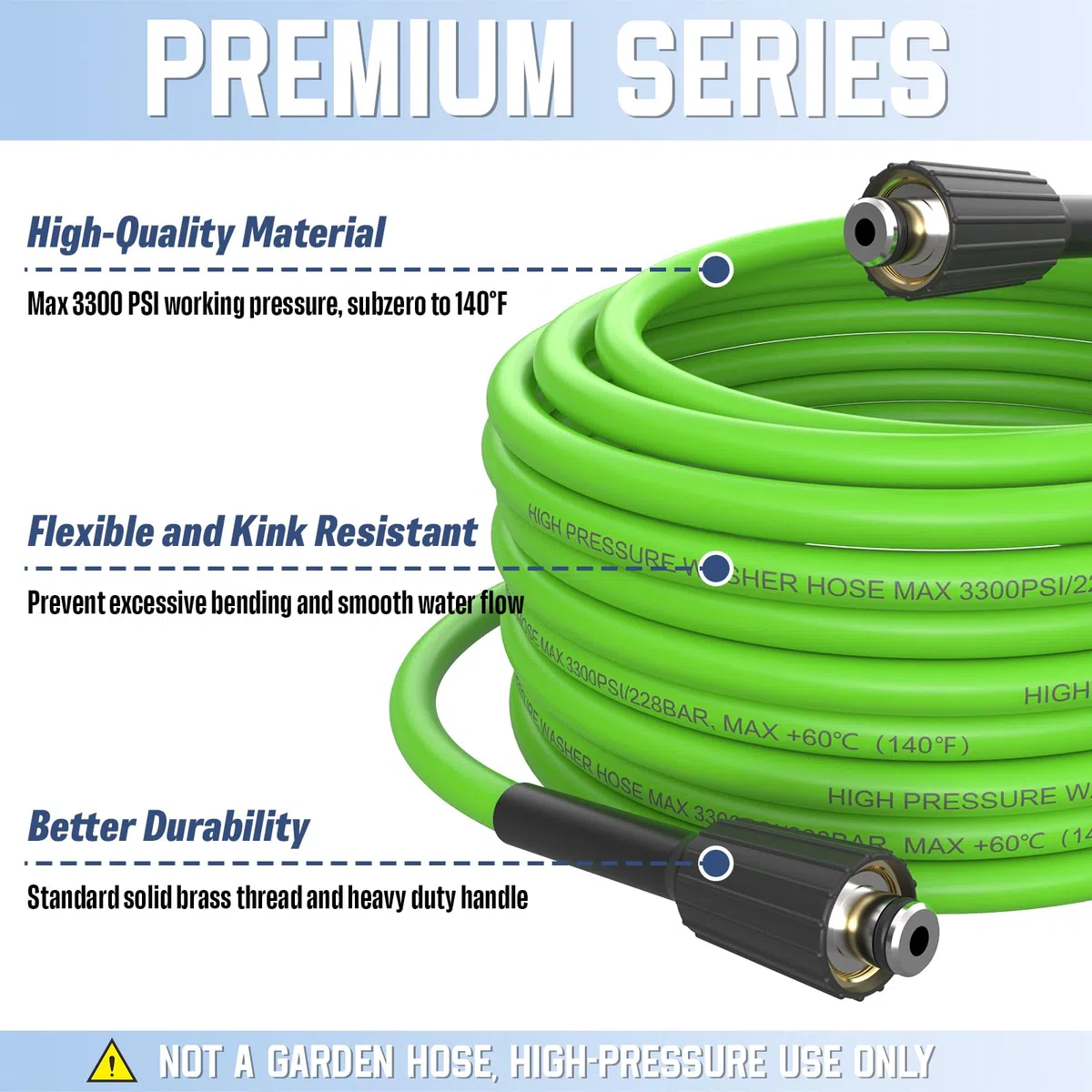 APOWER Manguera de lavado a presión de PVC de 50 pies x 1/4 pulgadas, resistente a torceduras, extensión de manguera de agua de alta presión de repuesto para uso doméstico con accesorios de latón M22