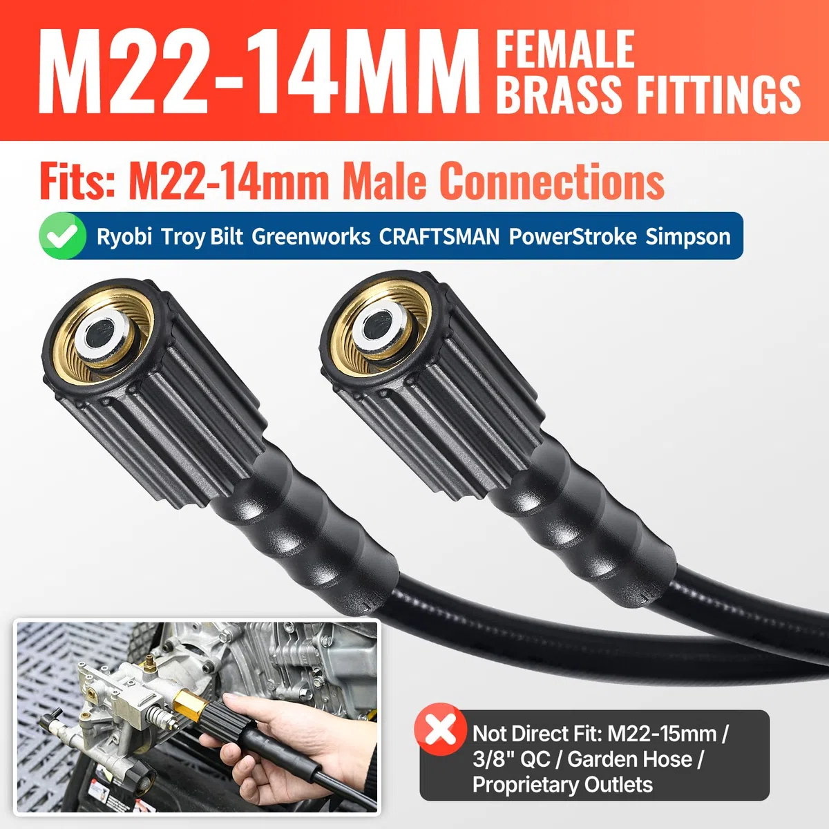 YAMATIC Manguera de lavado a presión de 25 pies 1/4 pulgadas ID, accesorios de latón M22 estándar de Estados Unidos, 3200 PSI resistente a las torceduras de repuesto para lavadoras de alta potencia