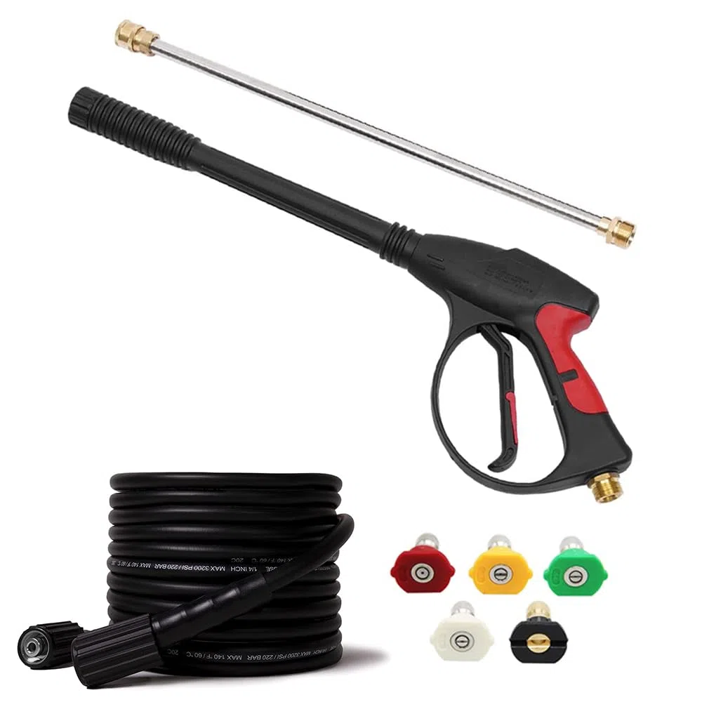 Kit de pistola y manguera de lavado a presión, kit de repuesto de pistola de lavado a presión de alta potencia de 3000 PSI con manguera de 26 pies, varita de extensión de 21 pulgadas y 5 puntas