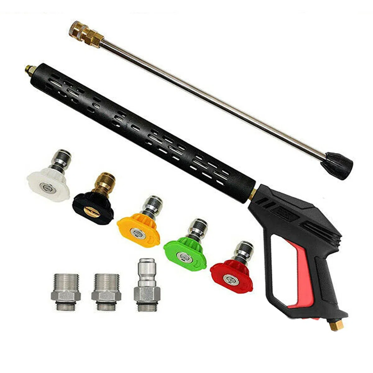Kit de Rociador de Lavadora Alta Presión, Kit Limpieza Eficiente para Lavar Automóviles, Cercas o Techos, 5 Puntas Boquilla, Adaptadores Incluidos para Lavadora a Presión Eléctrica y Gas,