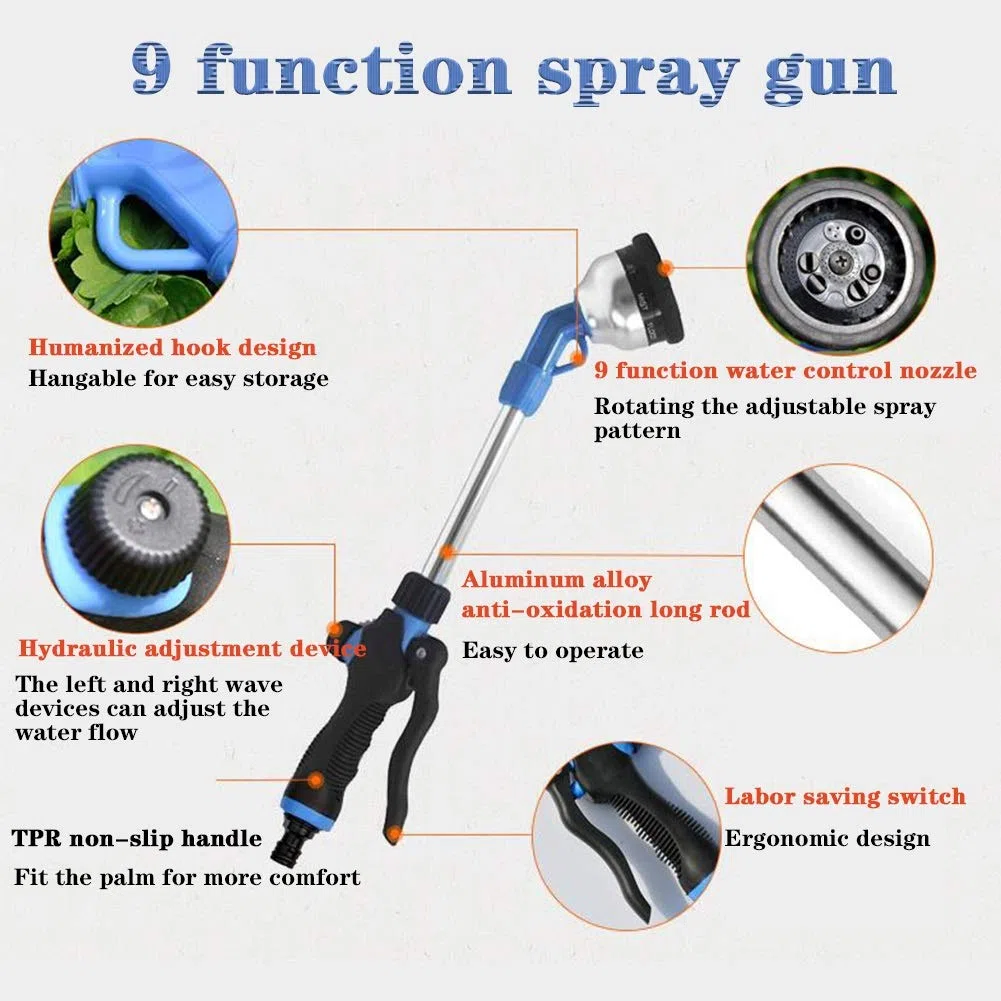 Pistola de pulverización de 9 funciones, pistola de agua de alta presión de mango largo, herramientas de riego de jardín (verde, traje de 15 m)
