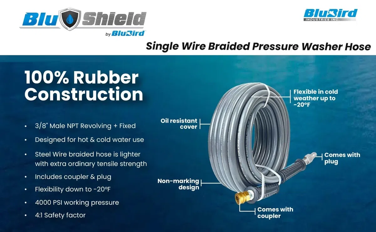 BluShield Manguera de lavado a presión con NPT de 3/8 pulgadas, agua fría y caliente, sin marcas, alambre de acero de alta resistencia, 4000 PSI (enchufe de pareja de 3/8 pulgadas x 100 pies sin
