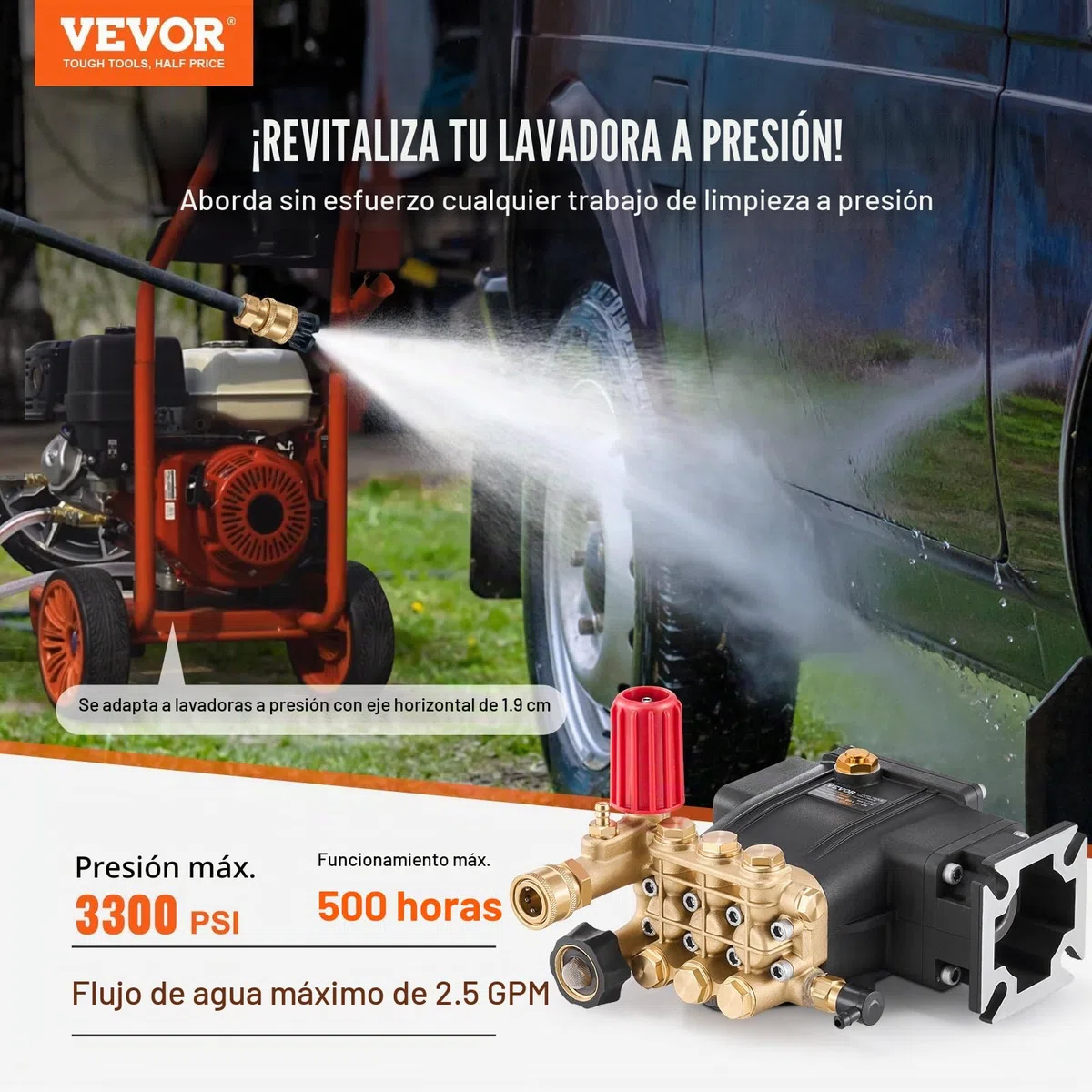 VEVOR Bomba para Hidrolavadora Émbolo Triple Horizontal con Eje de 19,05 mm, 3300 PSI 2,5 GPM, Kit de Repuesto para Hidrolavadora con 5 Boquillas, Compatible con Simpson MorFlex 40224, 40225, 40226