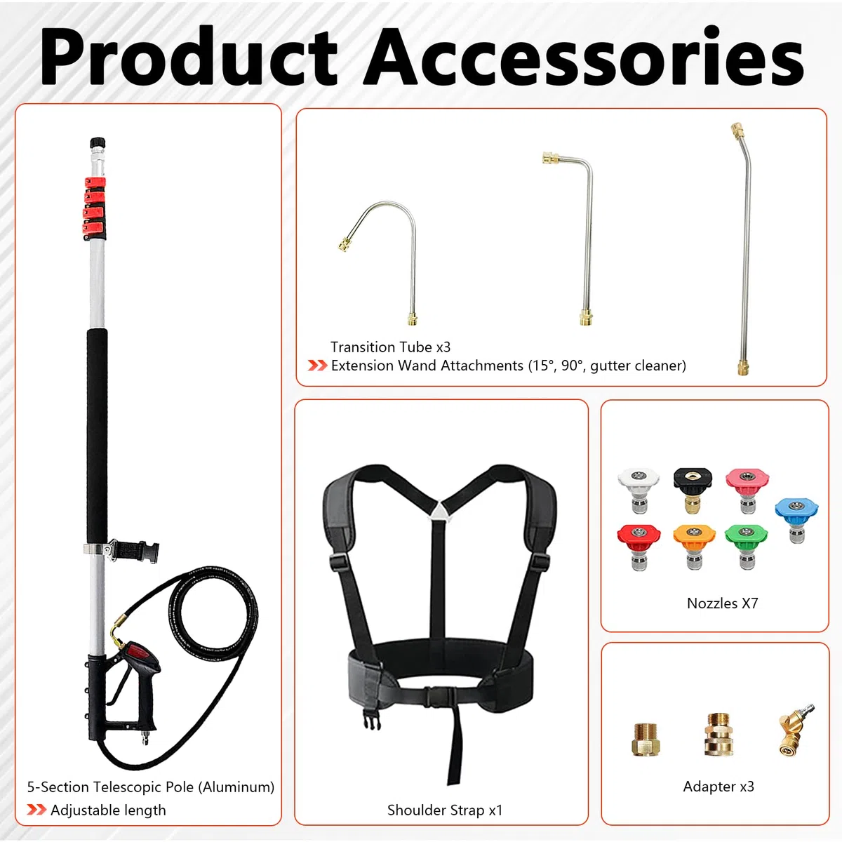 Varita de extensión telescópica para lavadora a presión de 24 pies, kit de varita de pulverización telescópica para limpiador de canalones con 3 accesorios de poste de extensión de arandela, 7