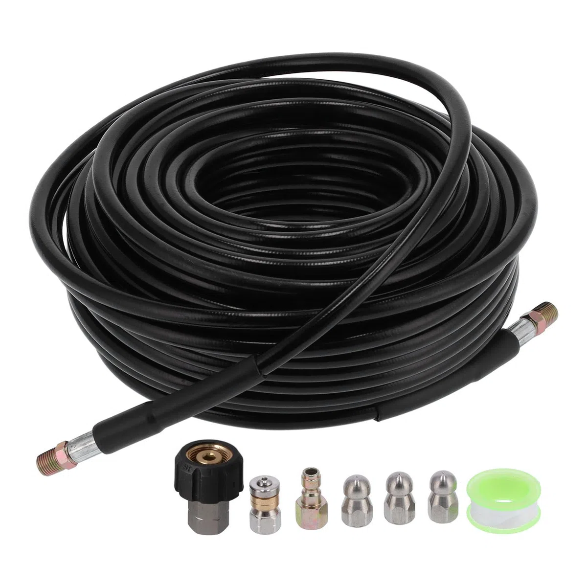FTVOGUE Kit de Chorro de Alcantarillado para Lavadora a Presión, Manguera de Limpieza de Drenaje de Goma de PVC de 100 Pies, 5800 PSI con Boquillas de 3 Botones y Boquilla Giratoria para Drenaje