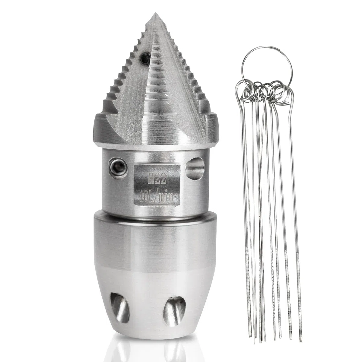 Boquilla giratoria M22 de acero inoxidable, boquilla de limpieza de tuberías de drenaje para limpieza de lavadora a presión de 40 l/min (cabeza plateada)