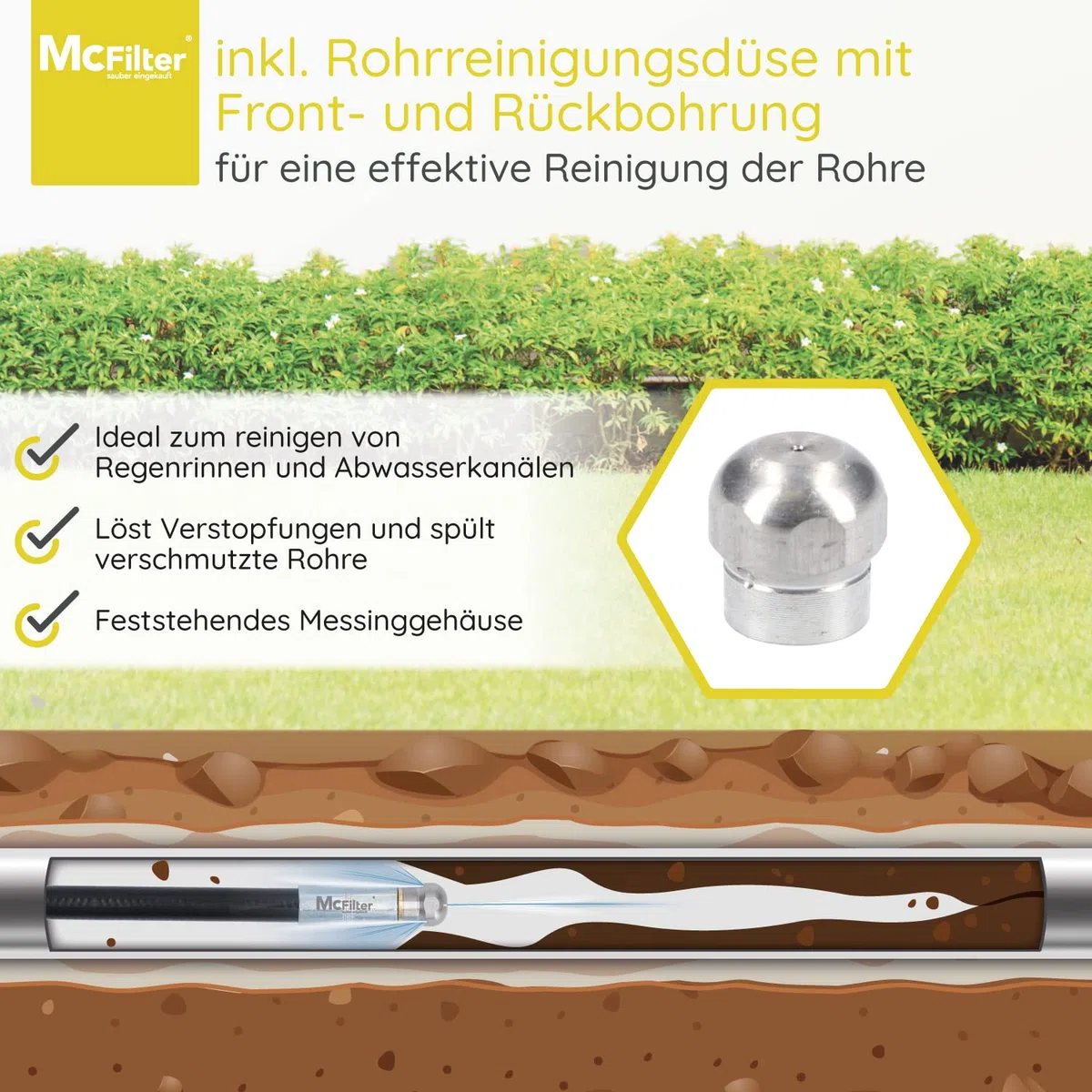 Manguera para limpieza de tuberías, 25m, 160-200 bar, incl. adaptador, boquillas rígidas + giratorias, compatible con las limpiadoras de alta presión Karcher K2, K3, K4, K5, K6, K7