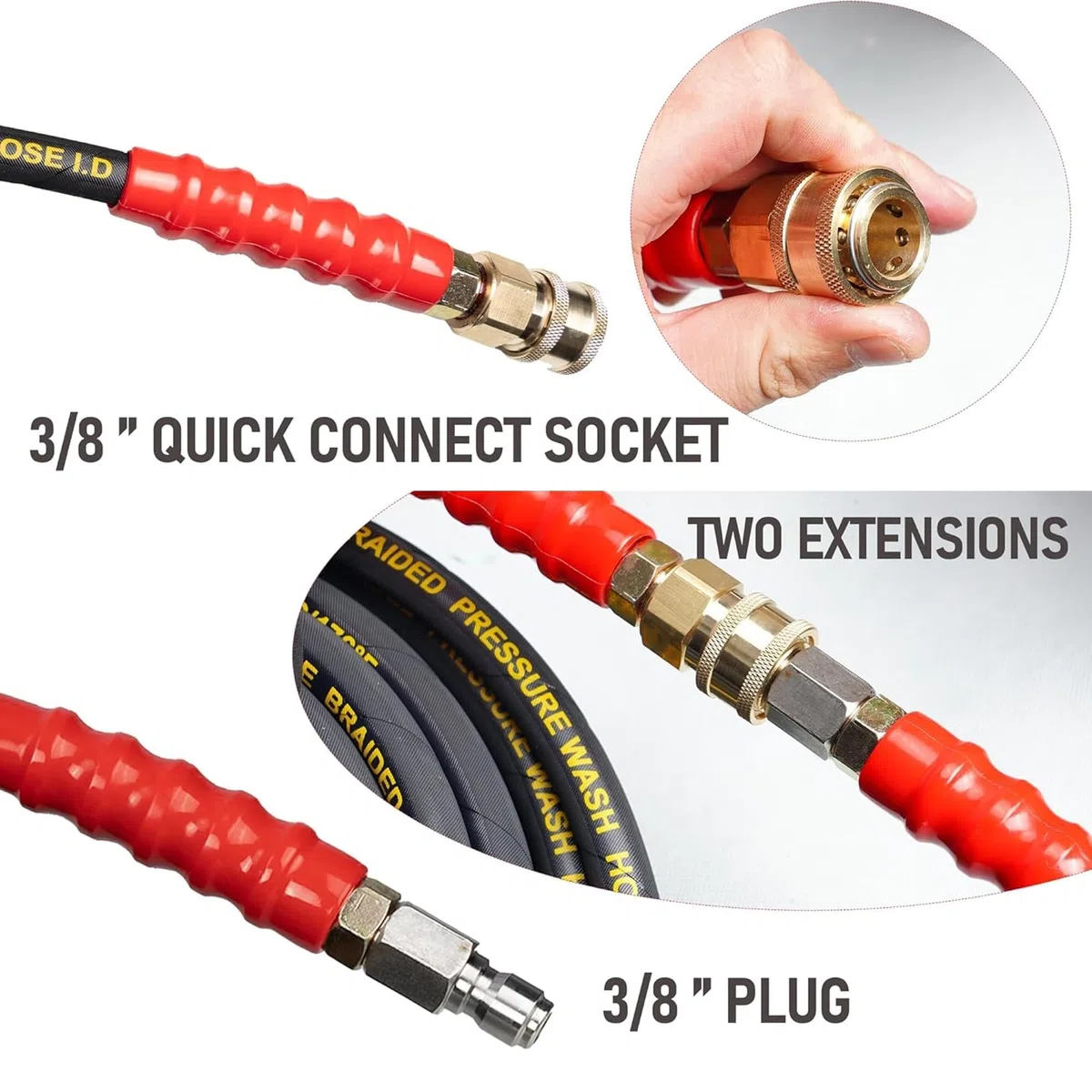 LIULO TOOL Manguera de lavado a presión de 50 pies con conexión rápida de 3/8 pulgadas, 4000 PSI resistente a torceduras de alambre de alta resistencia a la tracción, M22 de 14 mm a 3/8 pulgadas macho