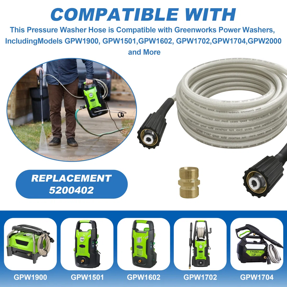 308835065 - Manguera de repuesto para manguera de lavado a presión Ryobi, modelo RY14122 y RY141900 (308835065-con accesorio M22-14 mm)