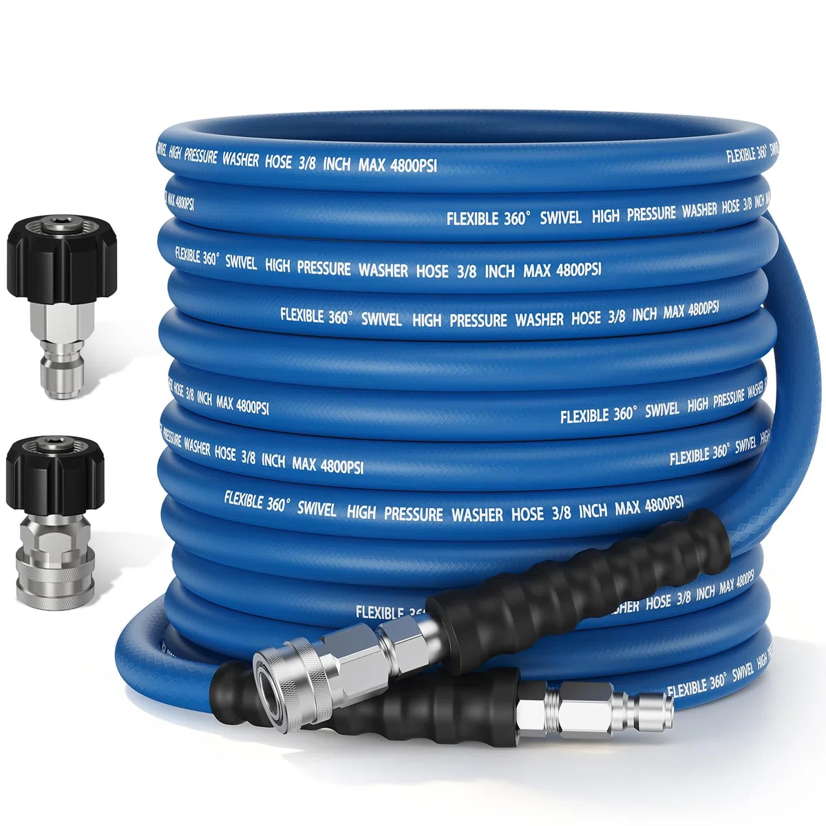 Manguera de lavado a presión de 50 pies resistente a torceduras de 3/8 pulgadas, manguera de lavado a presión trenzada de acero de grado comercial de 4800 PSI para agua caliente y fría, con 2