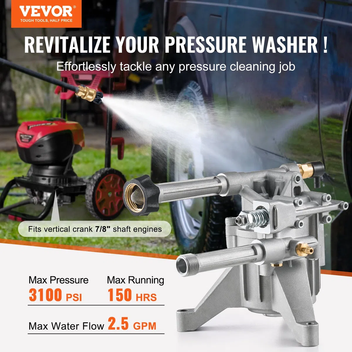 VEVOR Bomba para Hidrolavadora con Eje Vertical de 22,2mm 3100 PSI 2,5 GPM, Kit de Repuesto para Hidrolavadora con 5 Boquillas, Herrajes y Tubo de Sifón, Compatible con Honda, Troy Bilt, PowerStroke