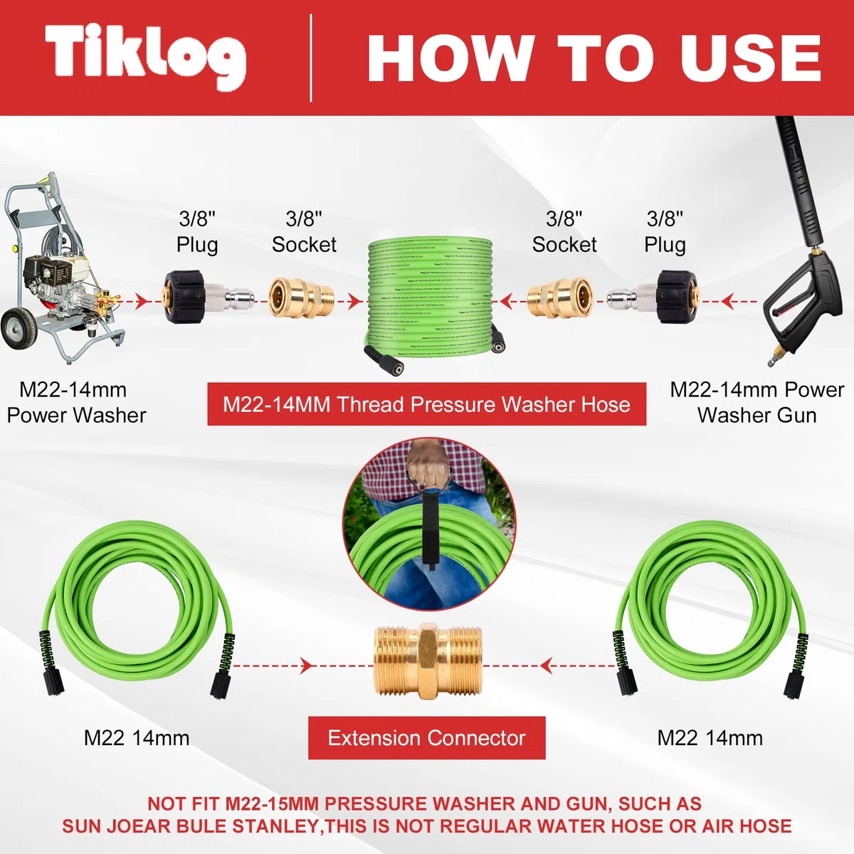 Manguera de lavado a presión de 100 pies 1/4 pulgadas, 4000 PSI, manguera de alta presión resistente a torceduras M22 rosca de 14 mm, manguera de repuesto de extensión flexible con adaptadores de