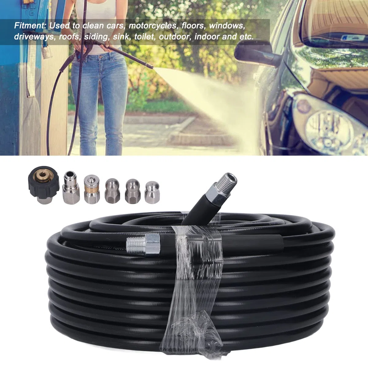 Keenso Kit de Chorro de Alcantarillado para Lavadora a Presión, Manguera Limpiadora de Drenaje de ABS y Metal, 100 Pies, 5800 PSI, 1,4 Pulgadas NPT con Adaptador M22, 6 Conectores para Fregadero,