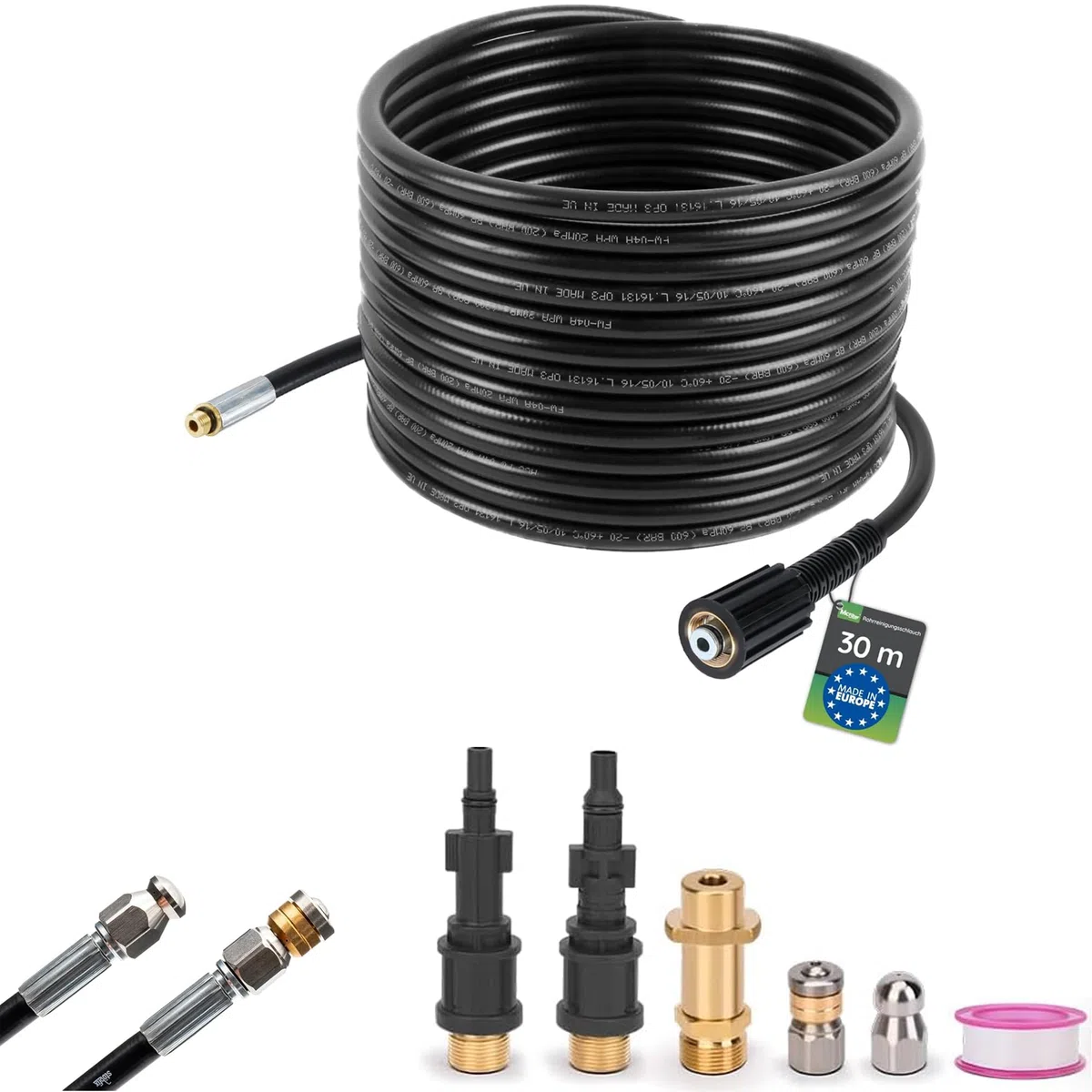 Juego de mangueras de limpieza de tuberías de 30 m, 180 bar, incluye 3 adaptadores, 2 boquillas rígidas + giratorias, compatible con Karcher K2, K3, K4, K5, K6, K7, Lavor, Bosch - Juego de limpieza