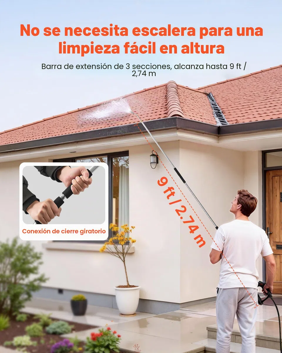 VEVOR Varilla Telescópica para Hidrolavadora 3 Secciones 2,74 m, Juego de Varilla de Extensión para Hidrolavadora 4000 PSI con 7 Boquillas, Adaptador de Manguera, para Limpieza a Alta Presión