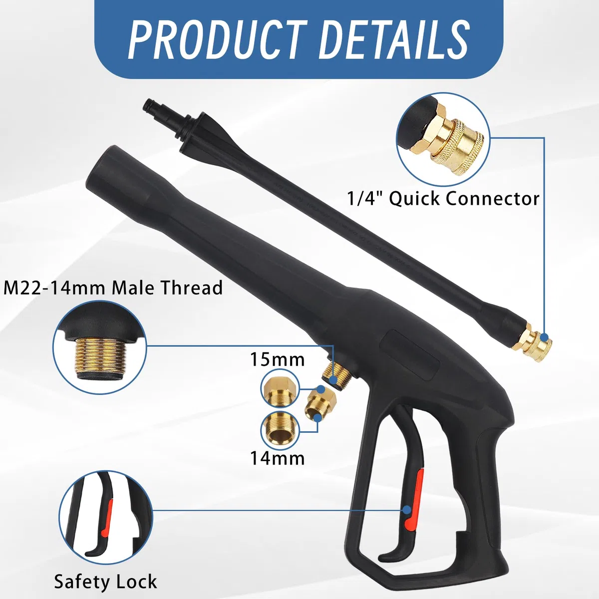 Kit de pistola de pulverización para lavadora a presión con varita de extensión y 5 puntas de boquilla de conexión rápida, incluye adaptadores M22-14 mm y M22-15 mm para compatibilidad universal de