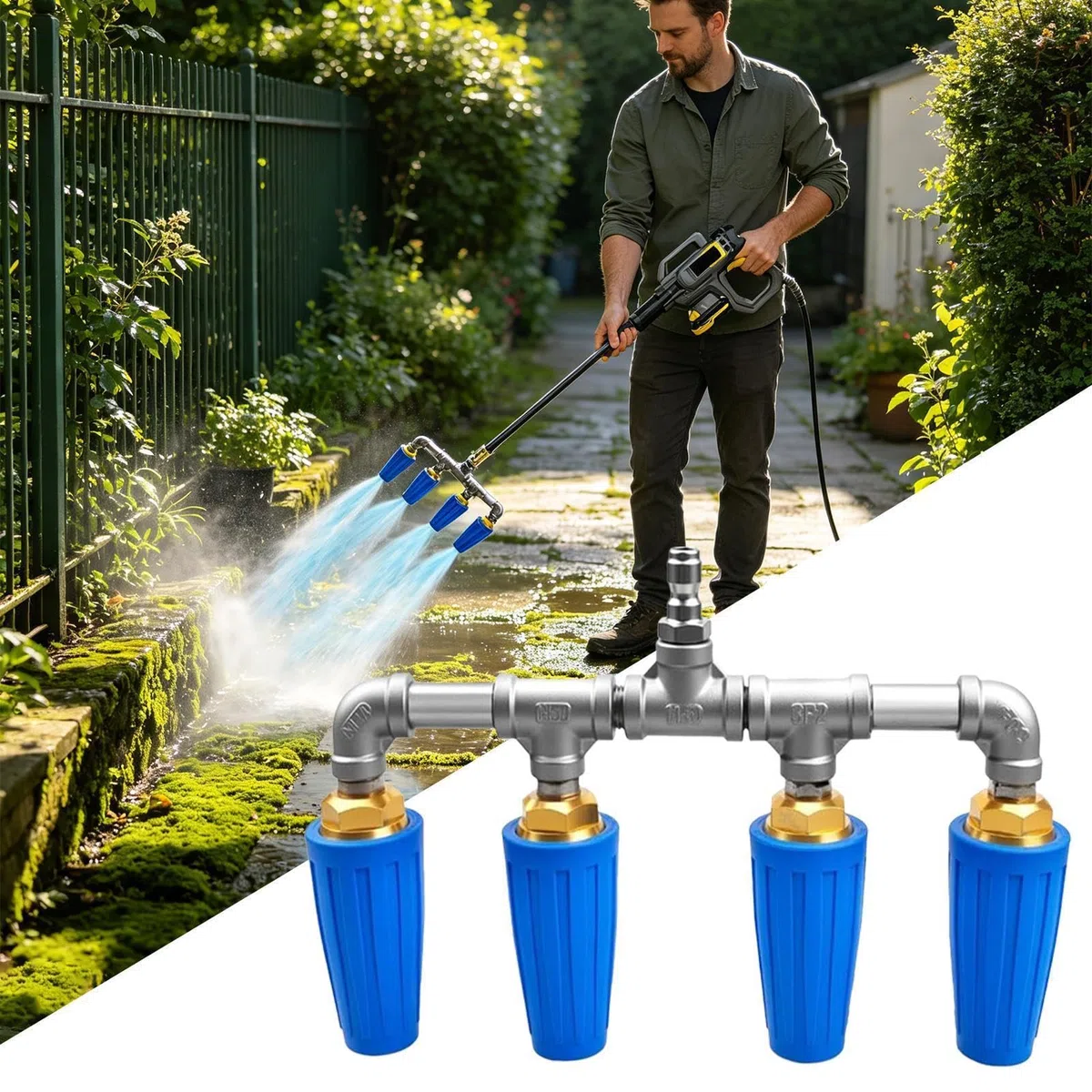 Boquilla Hidro Cuádruple de Acero Inoxidable Resistente al Óxido | Boquilla Manual para Manguera de Alta Presión Para LavadoCoches, Riego, Jardinería, Limpieza Patios,