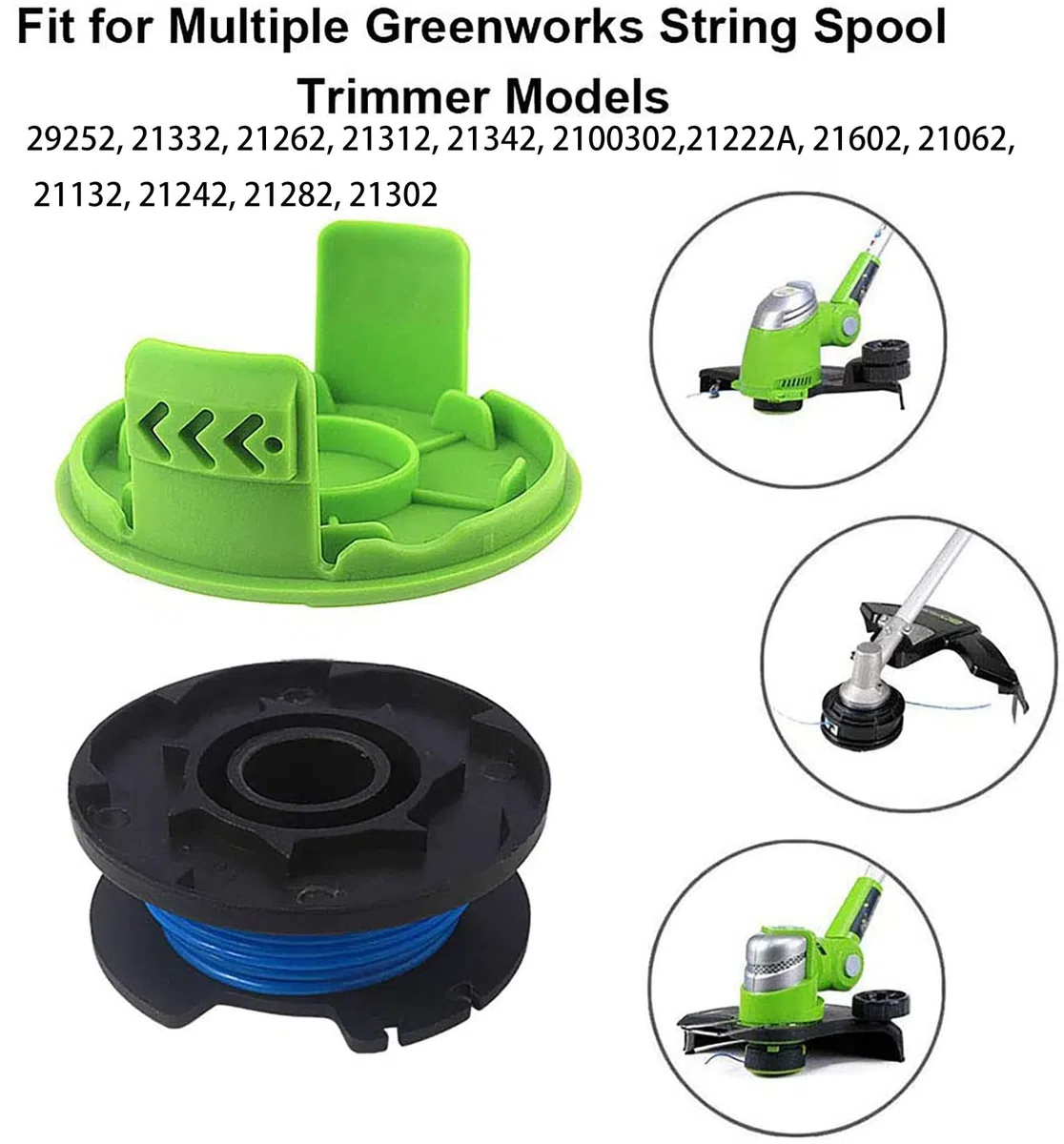 Thten Bobina de repuesto de alimentación automática de 0.08 pulgadas 29092 para recortadora Greenworks Weed Eater String 24V y 40V (6 paquetes más 1 tapa)